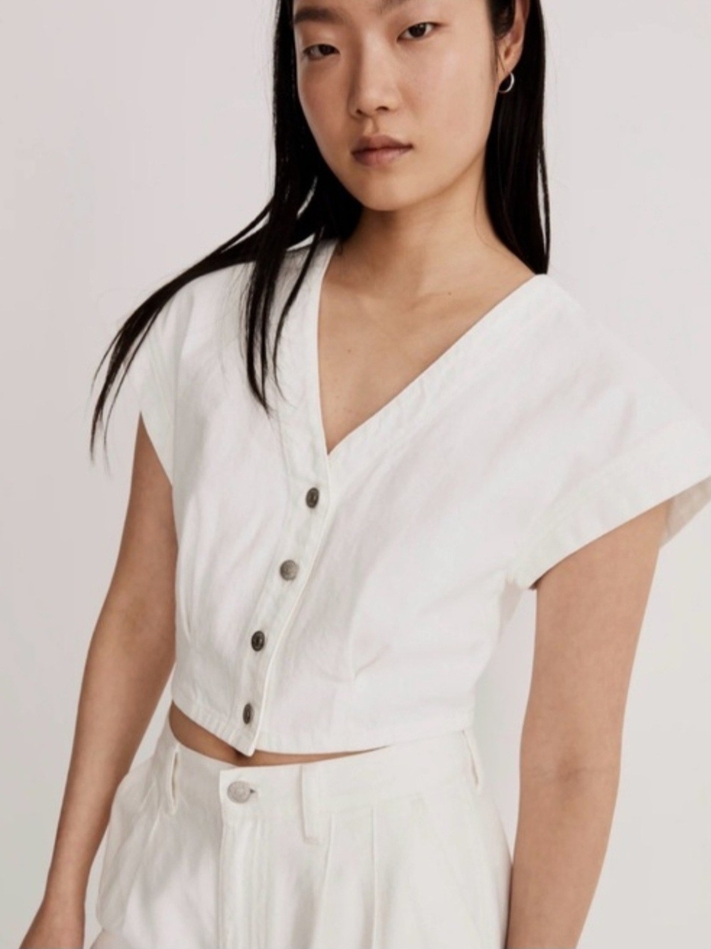 Madewell White V-Neck Button Crop Top, Size 4